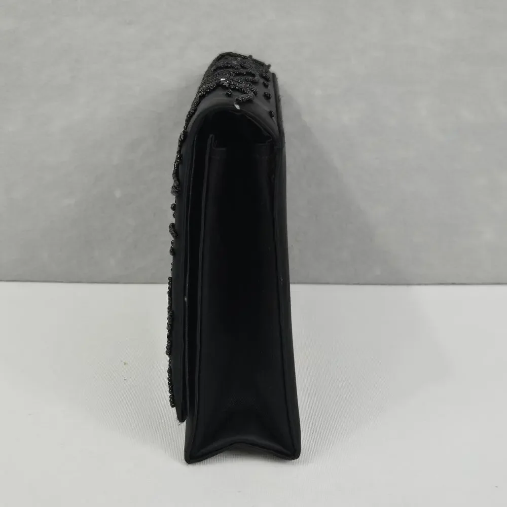 Black Beaded & Satin Square Snap Closure Clutch Purse with Corded Shoulder Strap